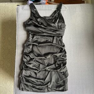 Express Satin Draped Neck Ruched Black Dress